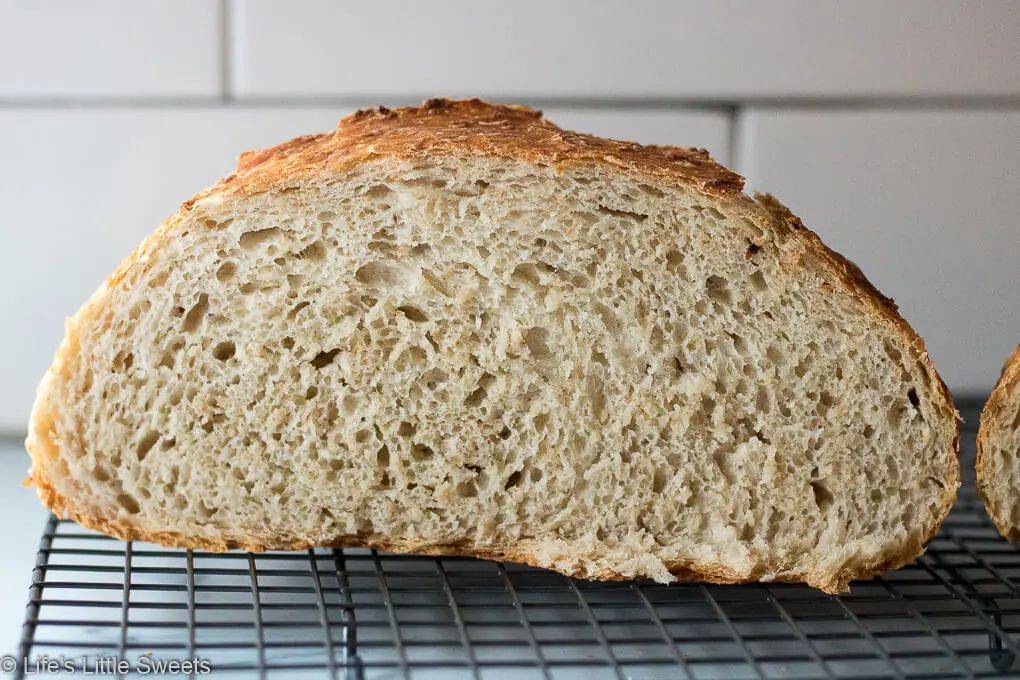 No-Knead Oatmeal Bread cut in half