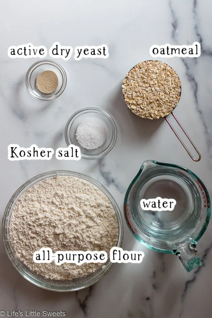 labeled ingredients for No-Knead Oatmeal Bread