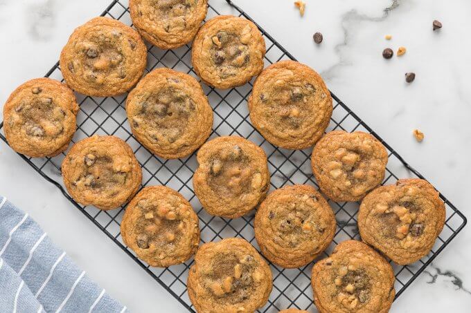 Chocolate Chip Cookies on a wire cooling rack