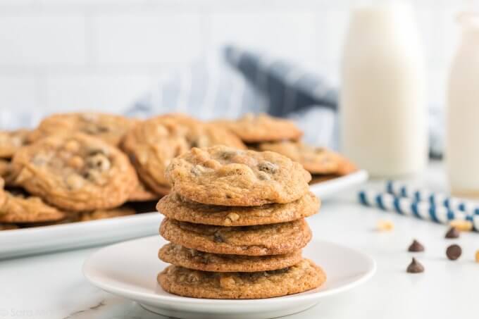 Chocolate Chip Cookies on a white plate with a marble background