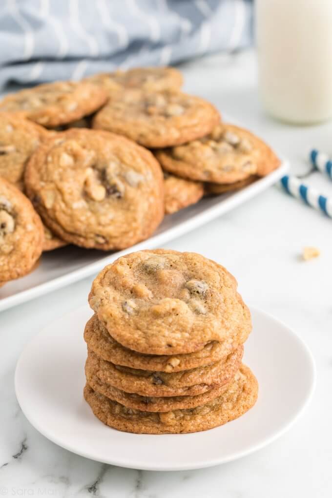 Chocolate Chip Cookies on a white plate with a marble background
