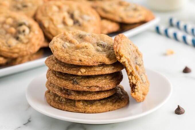 Chocolate Chip Cookies on a white plate with a marble background