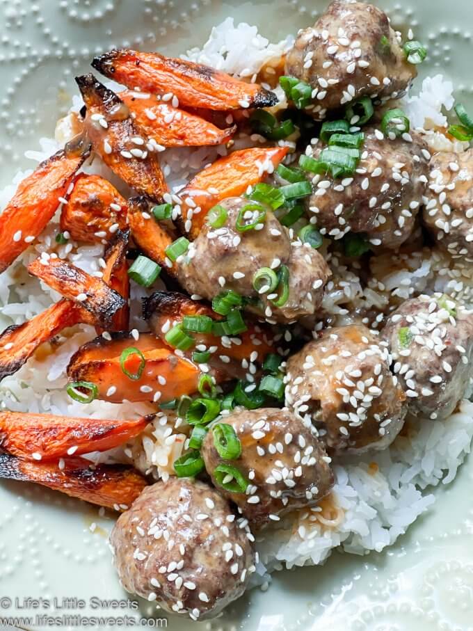 meat balls, roasted carrots over rice dinner with sesame seeds Hello Fresh dinner