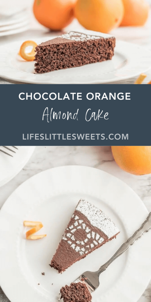 Chocolate Orange Almond Cake with text overlay