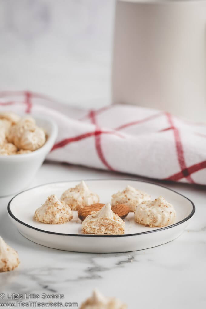 Almond Meringue Kisses on a white plate in a white kitchen