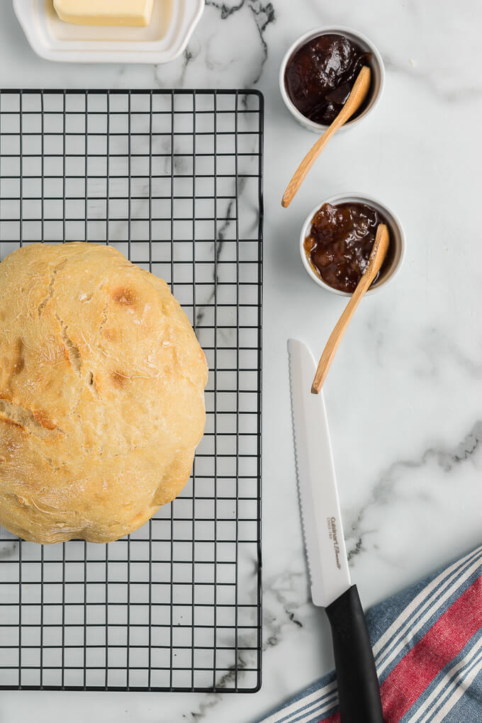 No-Knead Bread (Dutch Oven) on a wire rack