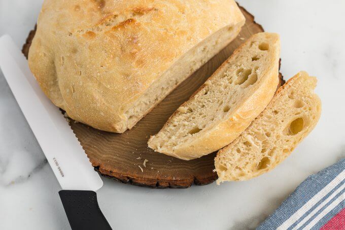 No-Knead Bread (Dutch Oven) sliced with a knife
