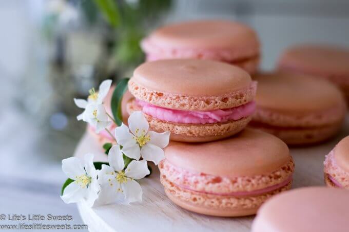 pink French Macarons with crab apple flowers on a cupcake tree in a white kitchen