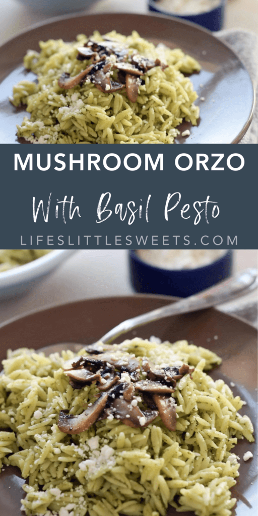 mushroom orzo with basil pesto with text overlay