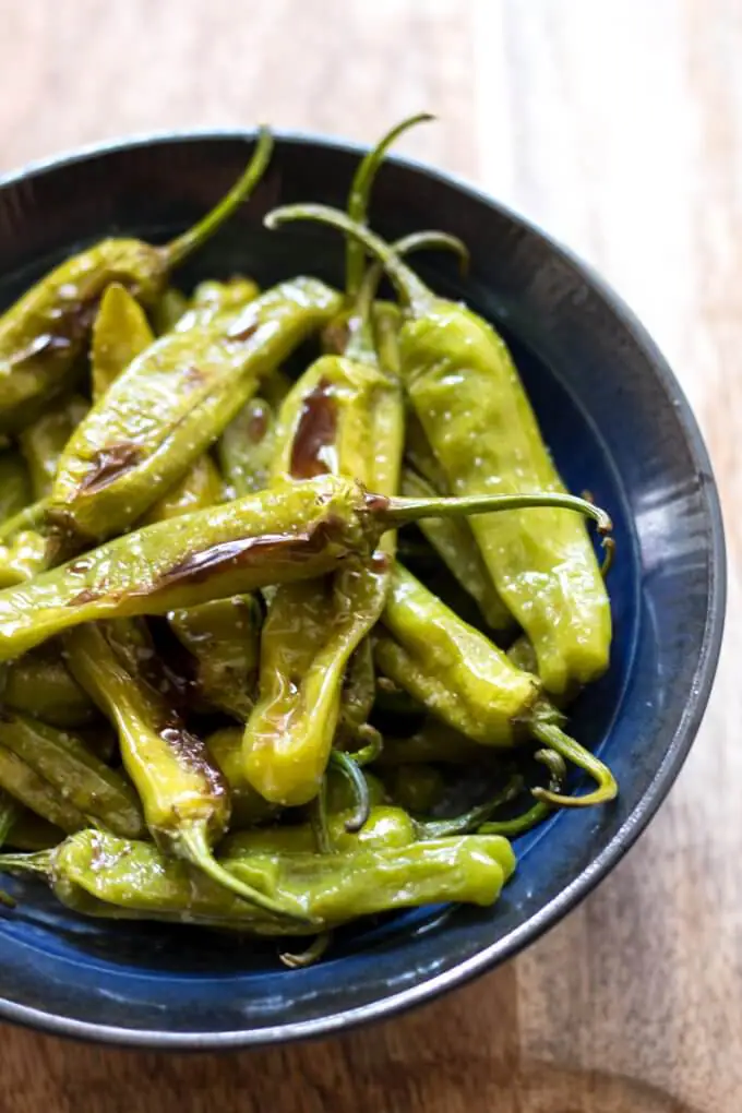 Roasted Shishito Peppers in a blue bowl