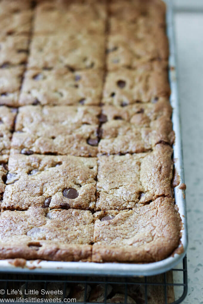 Brown Butter Chocolate Chip Cookie Bars cut up in pan