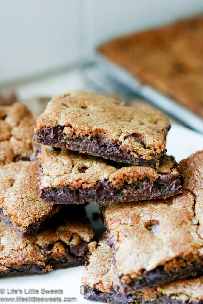 Brown Butter Chocolate Chip Cookie Bars on a white plate close up