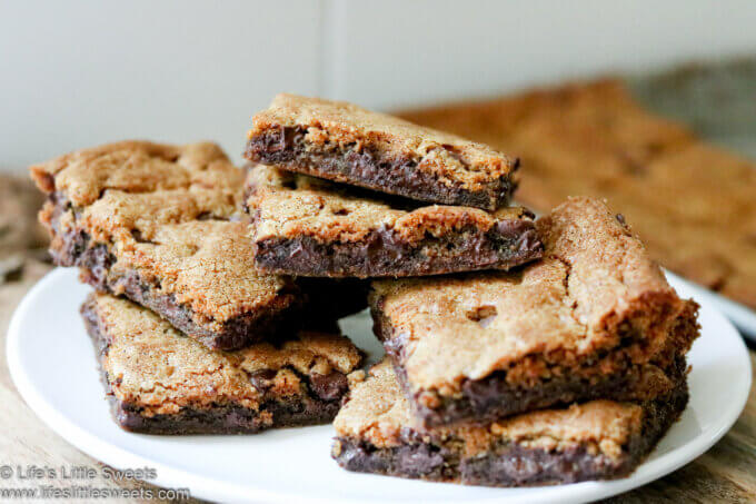 Brown Butter Chocolate Chip Cookie Bars on a white plate