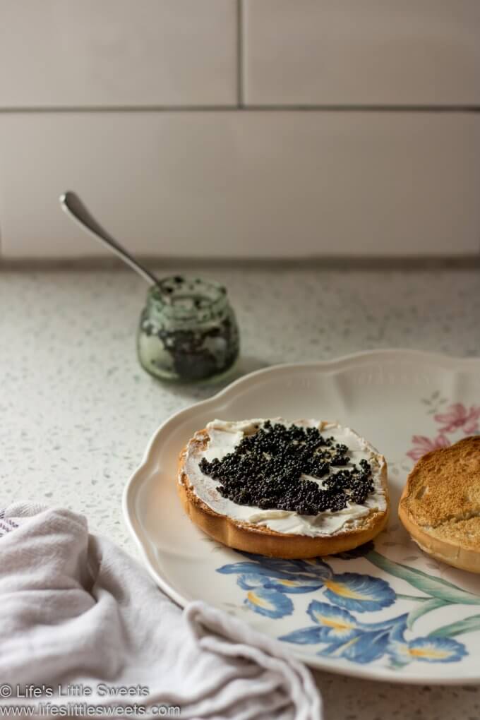 Caviar Cream Cheese Bagel in a white kitchen