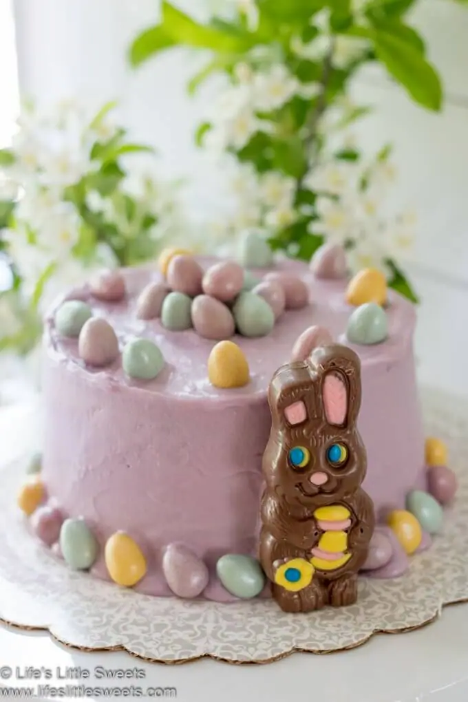 Easter Cake Recipe on a cake stand