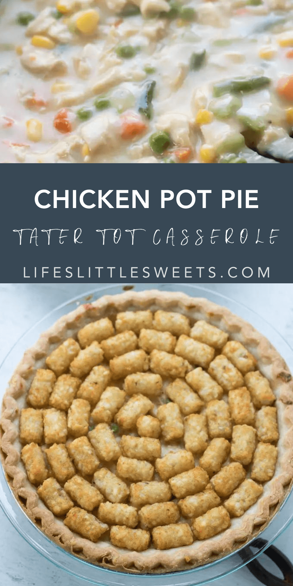 chicken pot pie tater tot casserole with text overlay