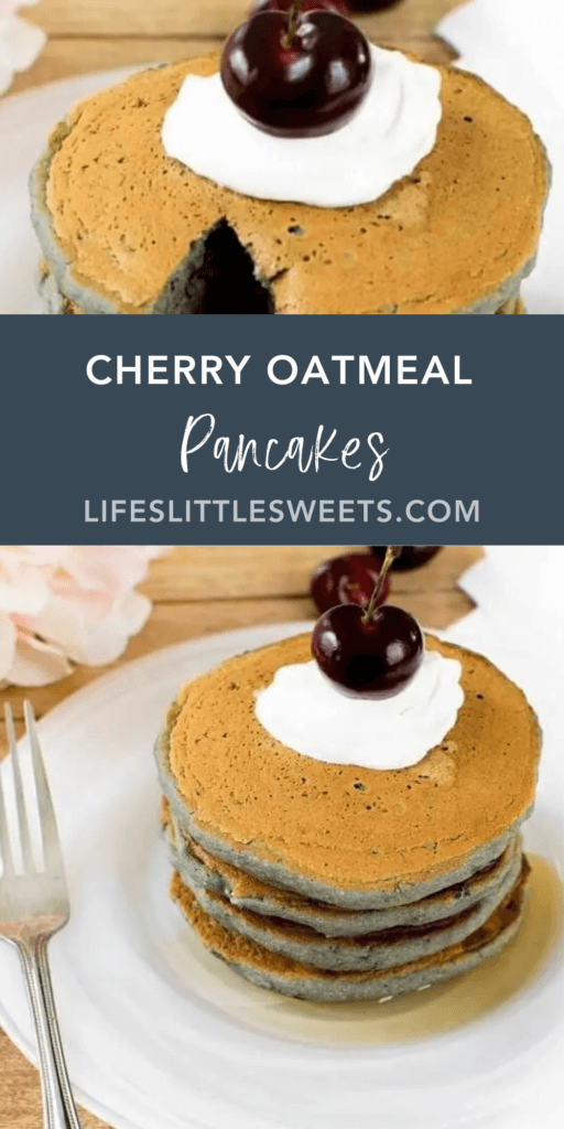 Cherry Oatmeal Pancakes with text overlay