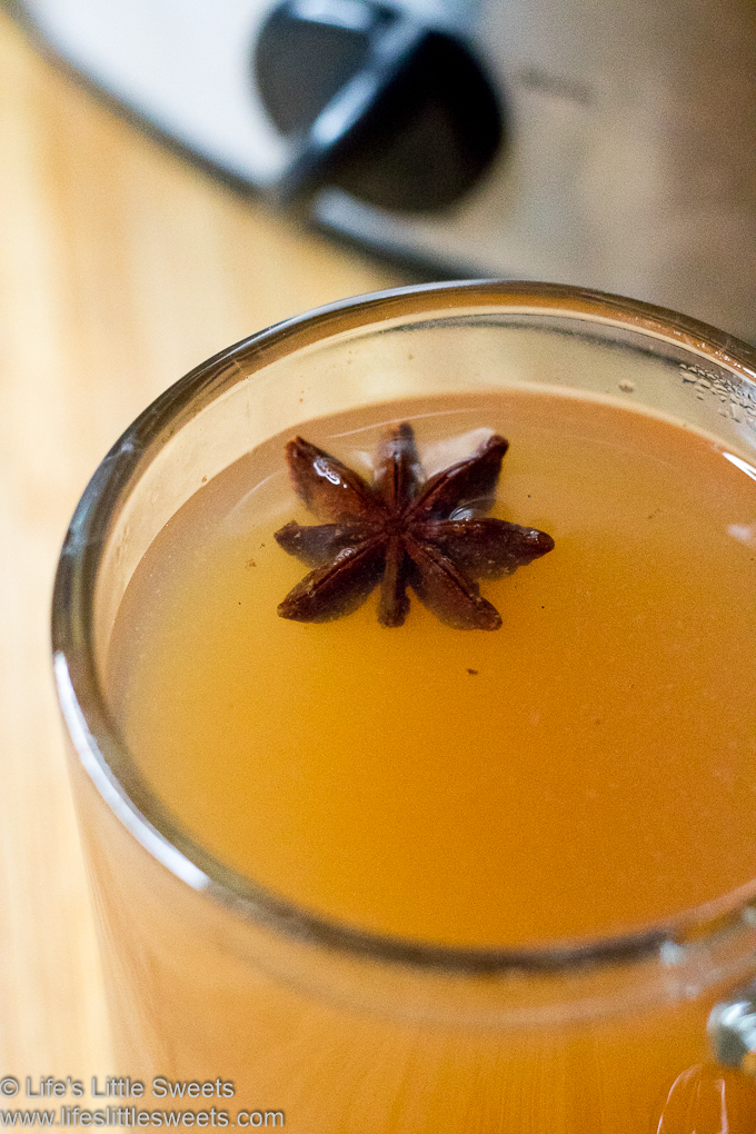 Hot Mulled Cider (Wassail) in a clear mug with star anise, close up