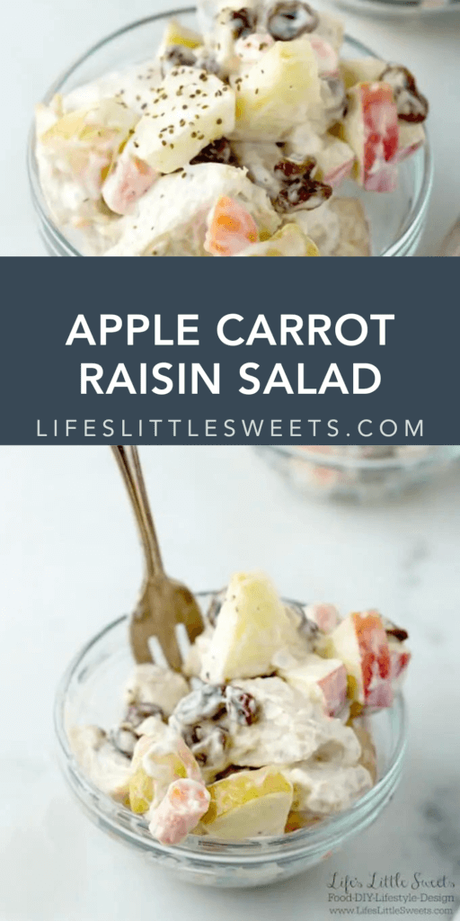 Apple carrot raisin salad with text overlay