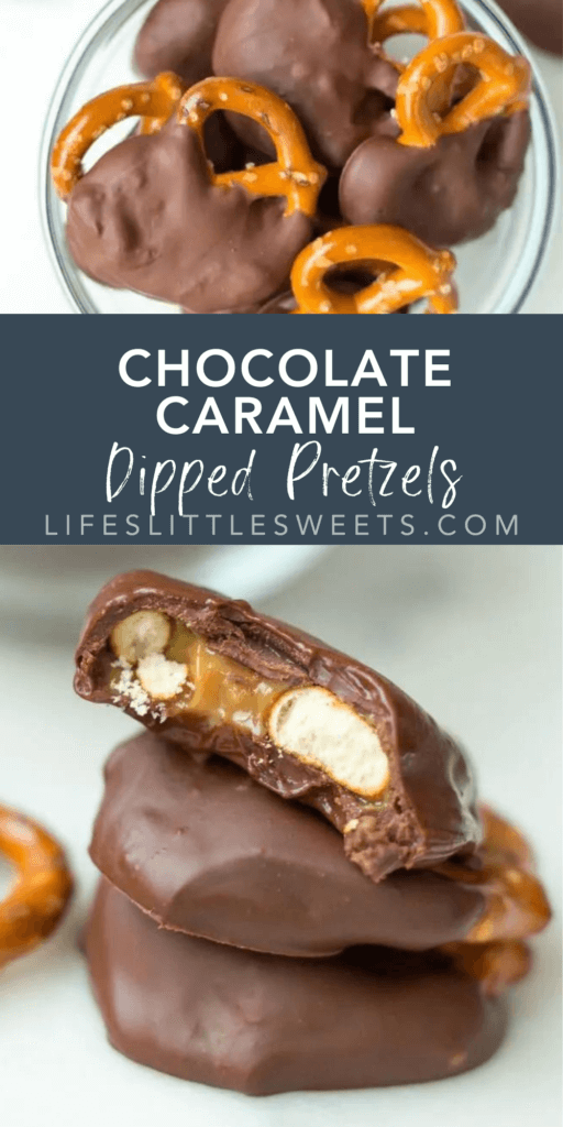 chocolate caramel dipped pretzels with text overlay