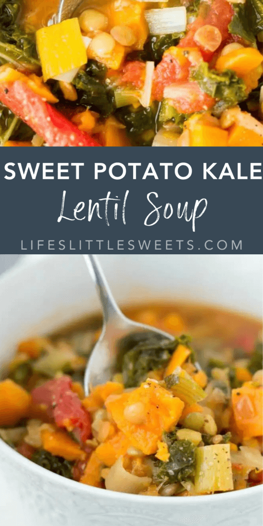 sweet potato kale lentil soup with text overlay