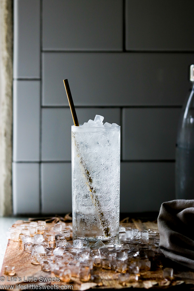 Seltzer water with bubbles and ice