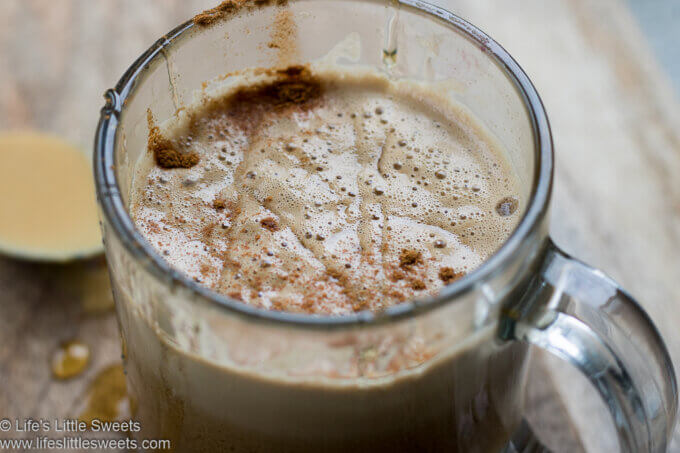 Tahini Coffee up close in a clear mug