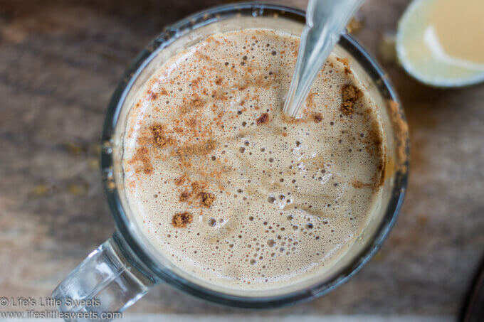 Tahini Coffee up close in a clear mug