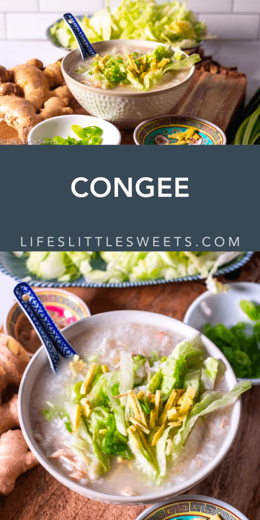Congee soup Pinterest pin with text overlay. 