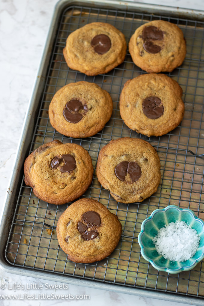 Bakery Style Chocolate Chip Cookies overhead on a cooling rack