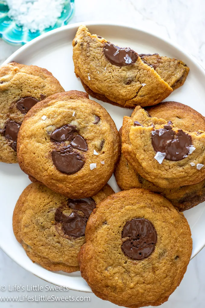 Bakery Style Chocolate Chip Cookies overhead on a white plate