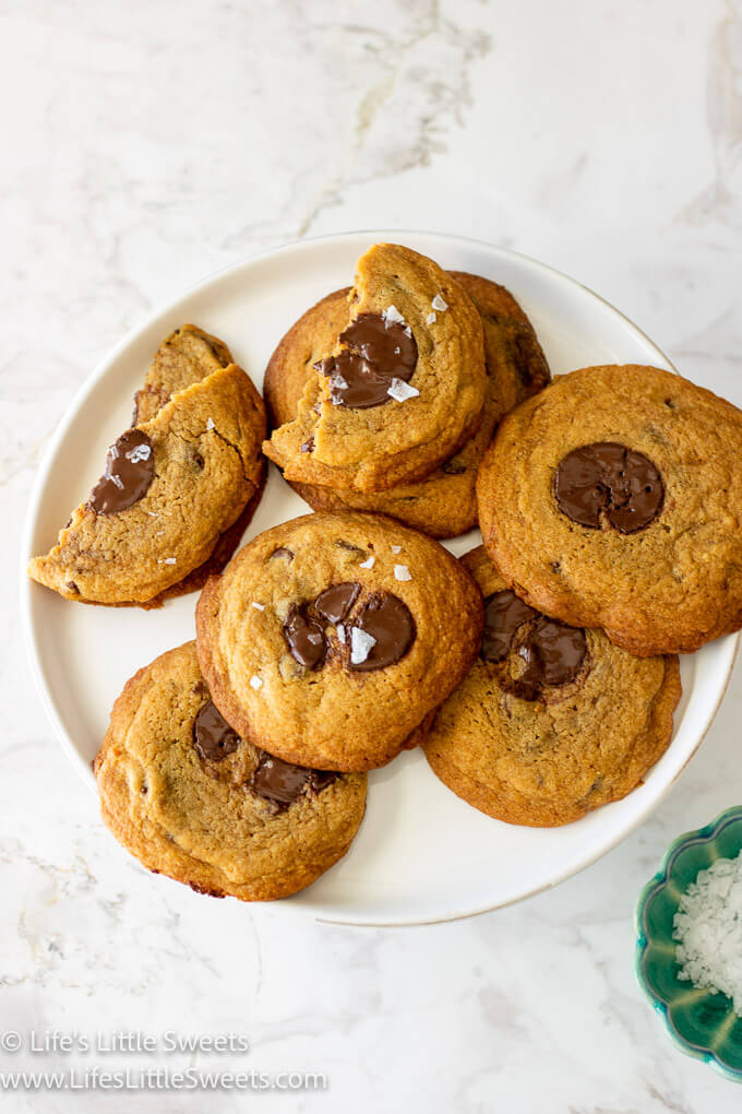 Bakery Style Chocolate Chip Cookies overhead on a white plate