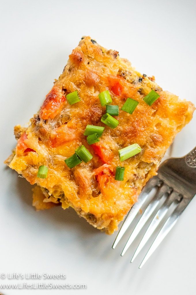 overhead view of a slice of an egg and sausage breakfast casserole