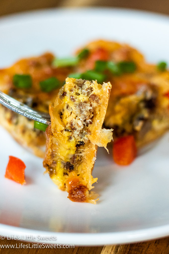 close up view of a slice of breakfast casserole
