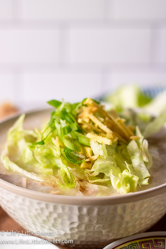 Congee Recipe with ginger, scallions and shredded iceberg lettuce with white pepper