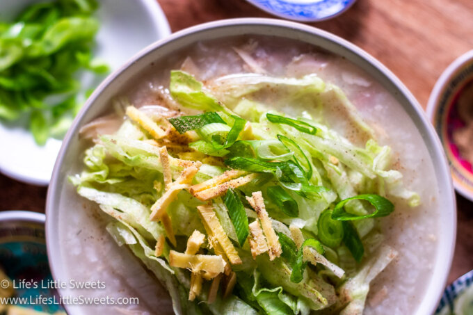 Congee Recipe with ginger, scallions and shredded iceberg lettuce