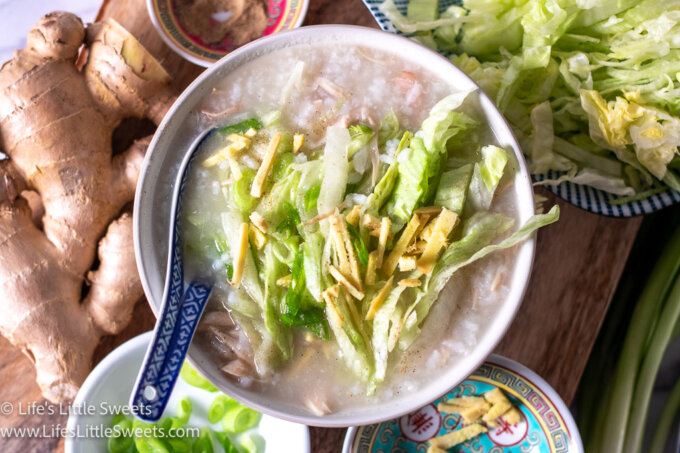 Congee Recipe with ginger, scallions and shredded iceberg lettuce