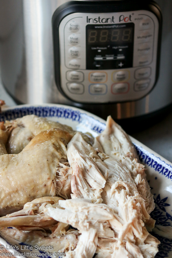 Instant Pot Whole Chicken on a blue and white serving dish with an Instant Pot in the background