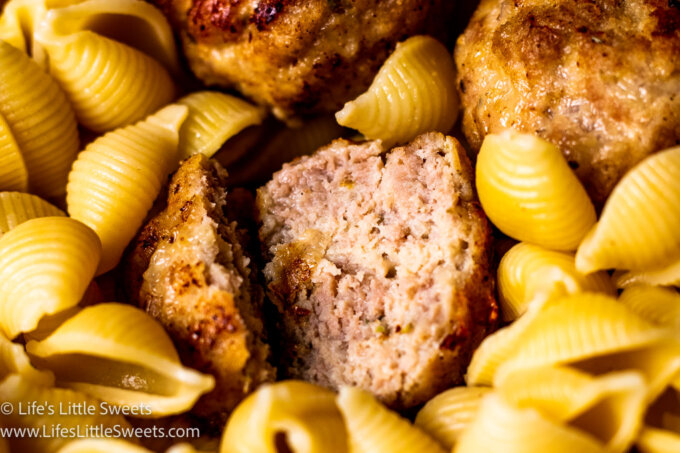 meatballs with pasta, 1 meatball cut in half