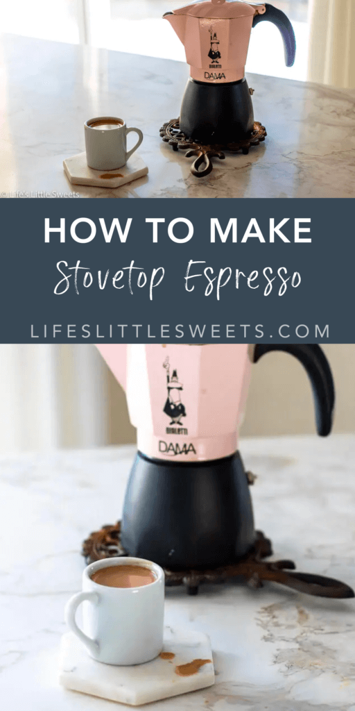 stovetop espresso Pinterest pin with text and 2 photos of the recipe