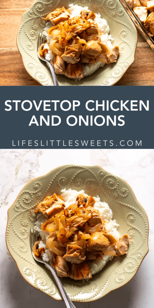 stovetop chicken and onions with text overlay