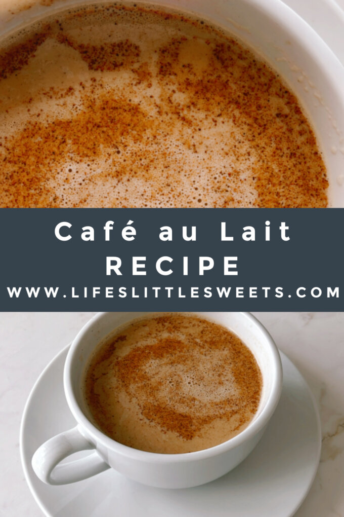 Café au Lait drink close up with cinnamon in a white mug collage 