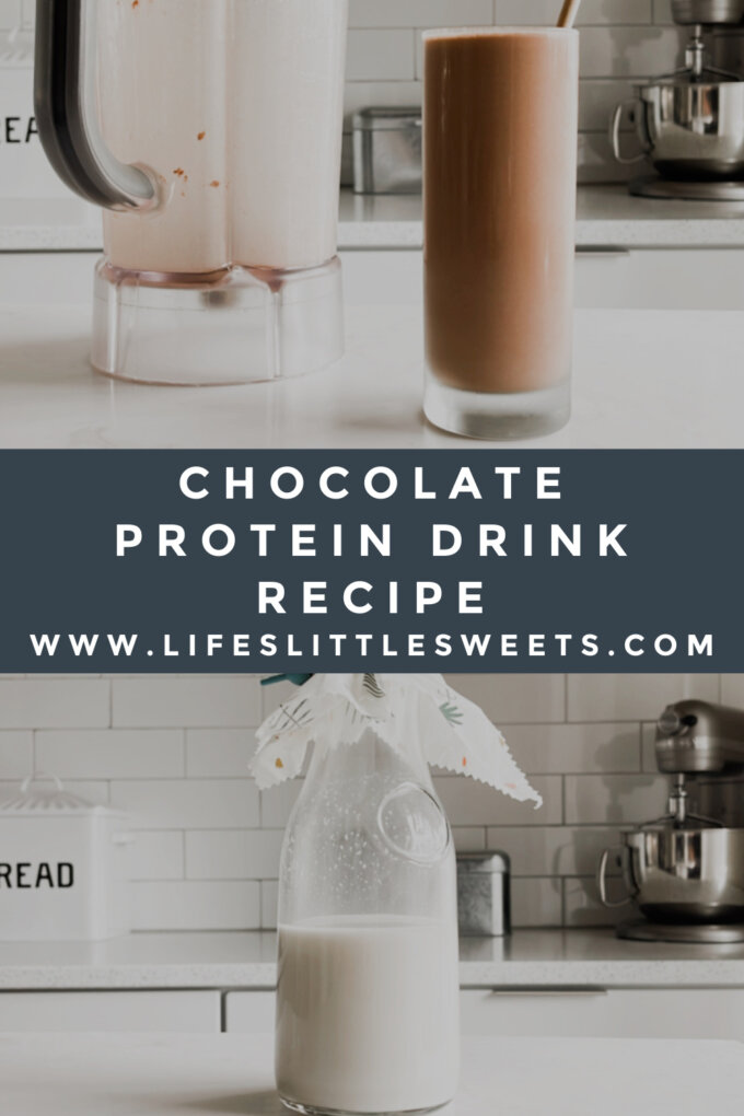 Chocolate Protein Drink Recipe on a white marble kitchen counter