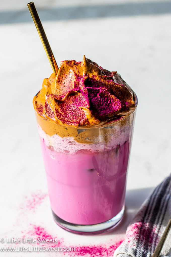 Dragon Fruit Whipped Coffee on a marble countertop