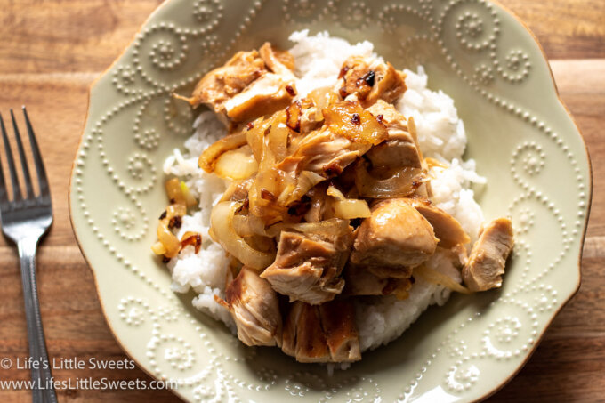 Stovetop Chicken and Onions in a green bowl over a wood countertop horizontal photo