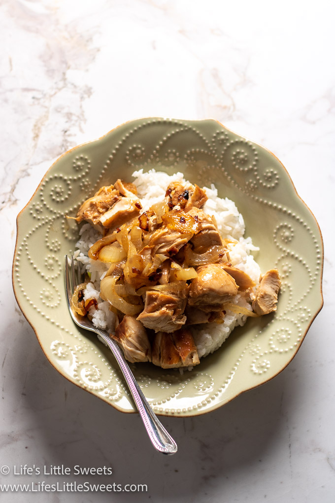 Stovetop Chicken and Onions in a green bowl over a marble countertop with a fork