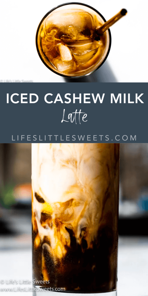 iced cashew milk latte with text overlay