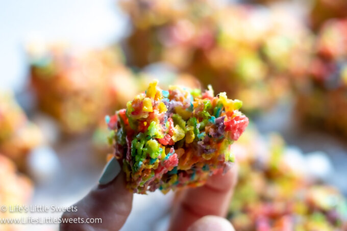 1 colorful rice cereal treat with a bite taken out of it