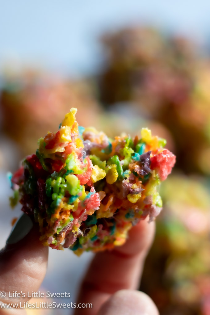 Fruity Pebbles Treat with a bite taken out of it