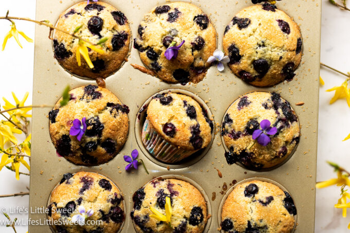 blueberry muffins in a gold tin with flowers